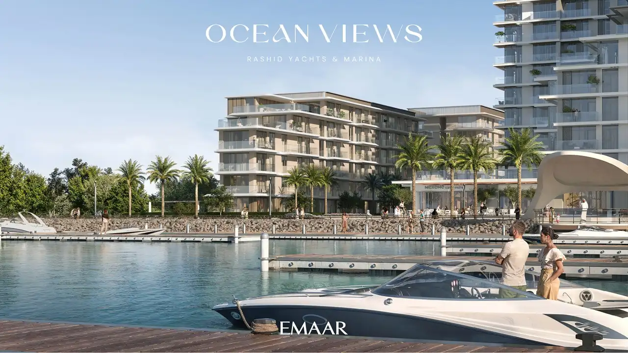Ocean Views at Rashid Yachts & Marina by Emaar waterfront residences with marina, yachts, promenade, and modern buildings in Dubai - Presented by Tohid Fetrat