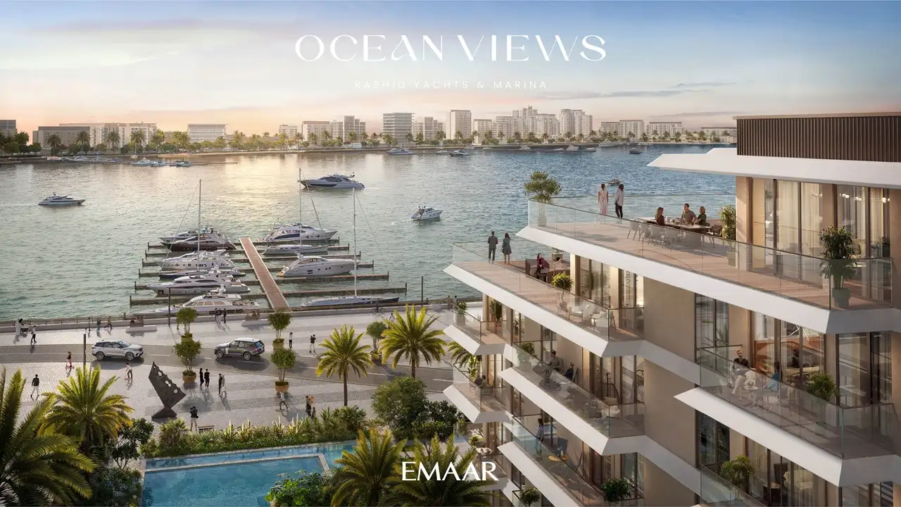 Ocean Views at Rashid Yachts & Marina by Emaar waterfront apartments overlooking marina with yachts, promenade, and skyline in Dubai - Presented by Tohid Fetrat