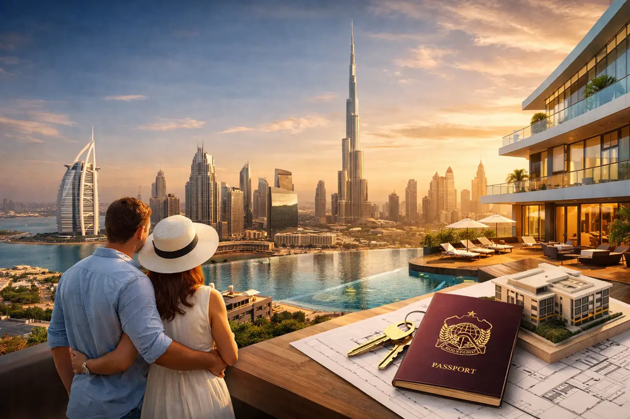 Off Plan Property for Dubai Golden Visa with luxury residential skyline view, infinity pool, architectural plans and passport in Downtown Dubai. Presented by Tohid Fetrat