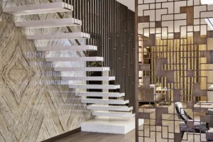 One at Palm Jumeirah Dorchester Collection by Omniyat floating staircase with marble wall and decorative partition in Dubai - Presented by Tohid Fetrat