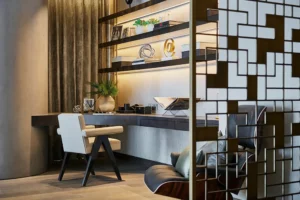 One at Palm Jumeirah Dorchester Collection by Omniyat home office with desk shelving and modern decor in Dubai - Presented by Tohid Fetrat