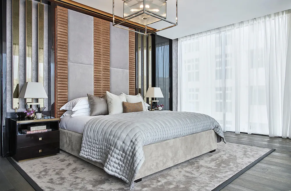 One at Palm Jumeirah Dorchester Collection by Omniyat luxury bedroom with upholstered bed and modern decor in Dubai - Presented by Tohid Fetrat