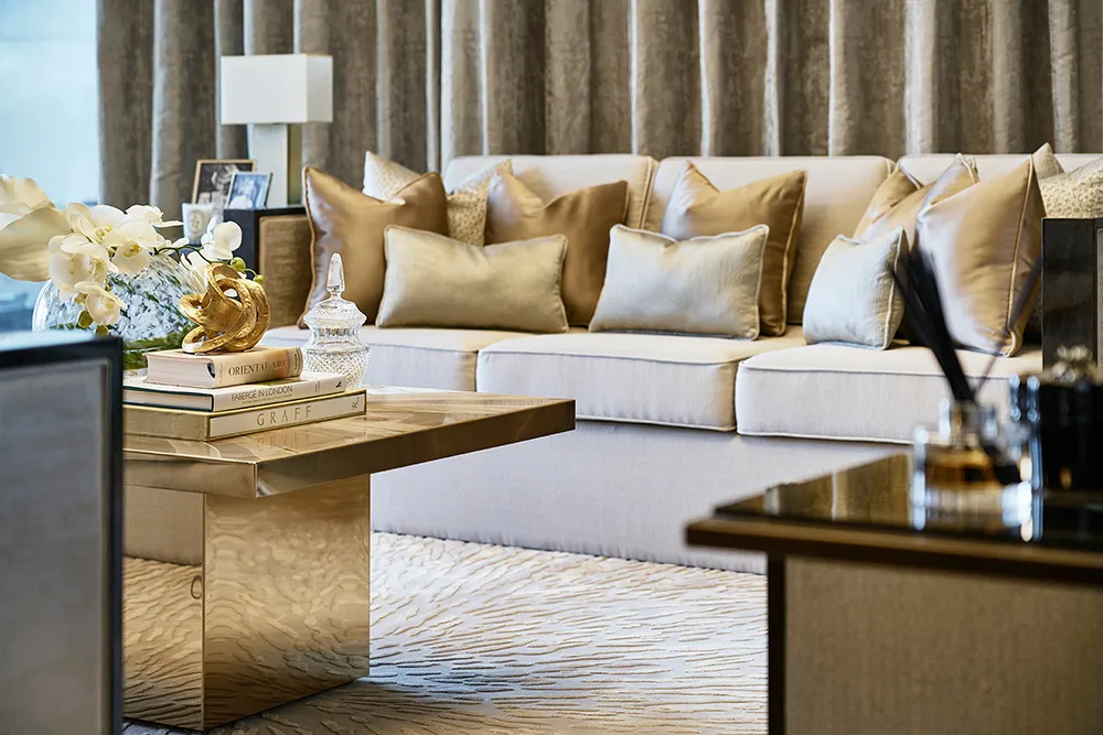 One at Palm Jumeirah Dorchester Collection by Omniyat living room detail with sofa cushions and elegant decor in Dubai - Presented by Tohid Fetrat