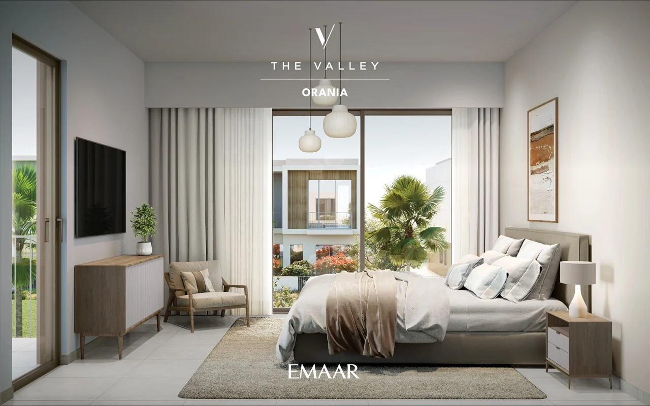 Orania at The Valley by Emaar bedroom interior with large window garden view modern furniture and natural light in Dubai - Presented by Tohid Fetrat