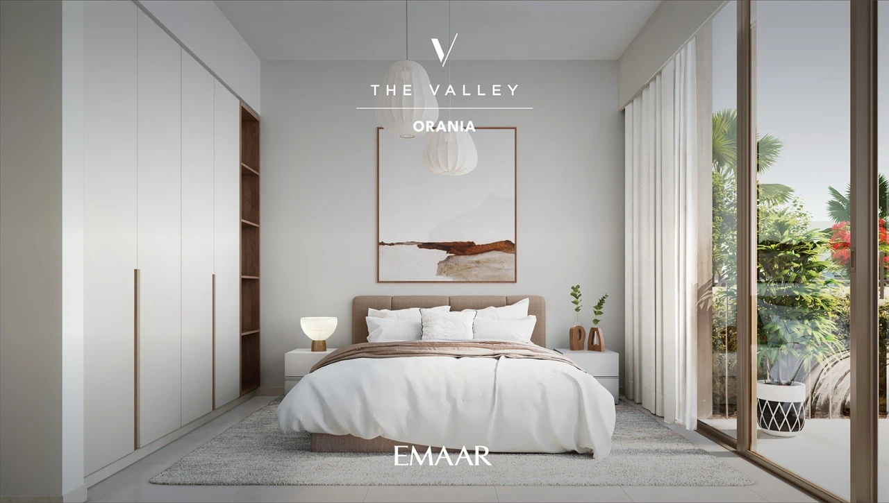 Orania at The Valley by Emaar bedroom interior with modern design neutral tones large windows and natural light in Dubai - Presented by Tohid Fetrat