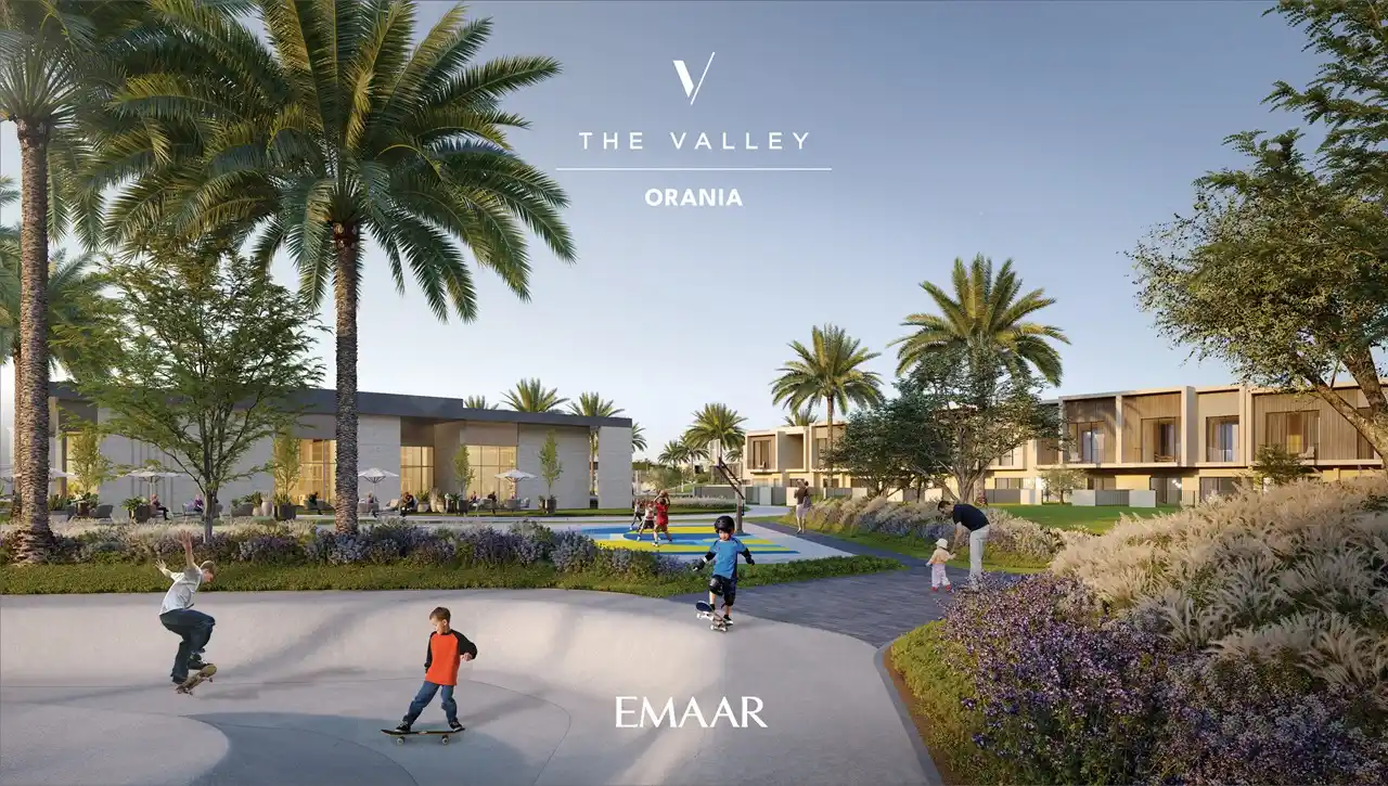 Orania at The Valley by Emaar community park with skating area landscaped paths and family activity spaces in Dubai - Presented by Tohid Fetrat