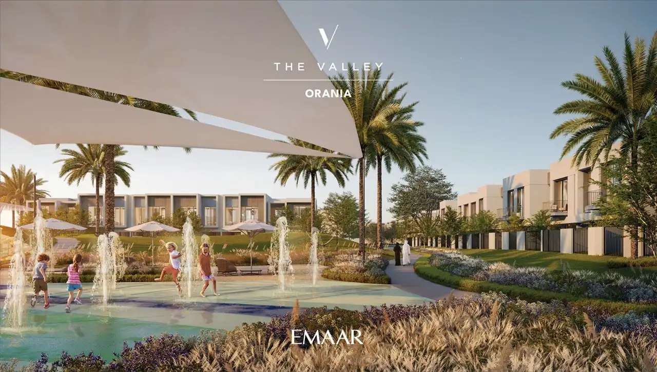 Orania at The Valley by Emaar outdoor water play area with fountains shaded seating and landscaped surroundings in Dubai - Presented by Tohid Fetrat