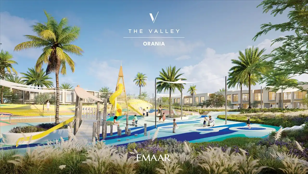 Orania at The Valley by Emaar kids playground with water features slides and shaded areas in Dubai - Presented by Tohid Fetrat
