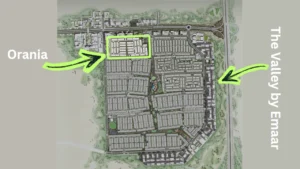 Orania at The Valley by Emaar master plan map highlighting project location within the community in Dubai - Presented by Tohid Fetrat
