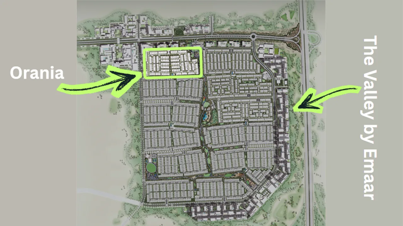 Orania at The Valley by Emaar master plan map highlighting project location within the community in Dubai - Presented by Tohid Fetrat