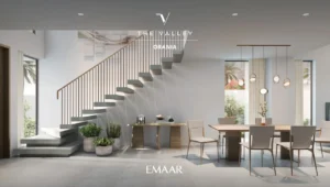 Orania at The Valley by Emaar interior with modern staircase dining area and large windows with natural light in Dubai - Presented by Tohid Fetrat