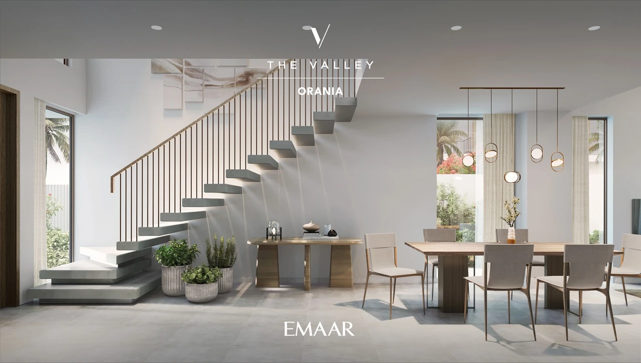 Orania at The Valley by Emaar interior with modern staircase dining area and large windows with natural light in Dubai - Presented by Tohid Fetrat