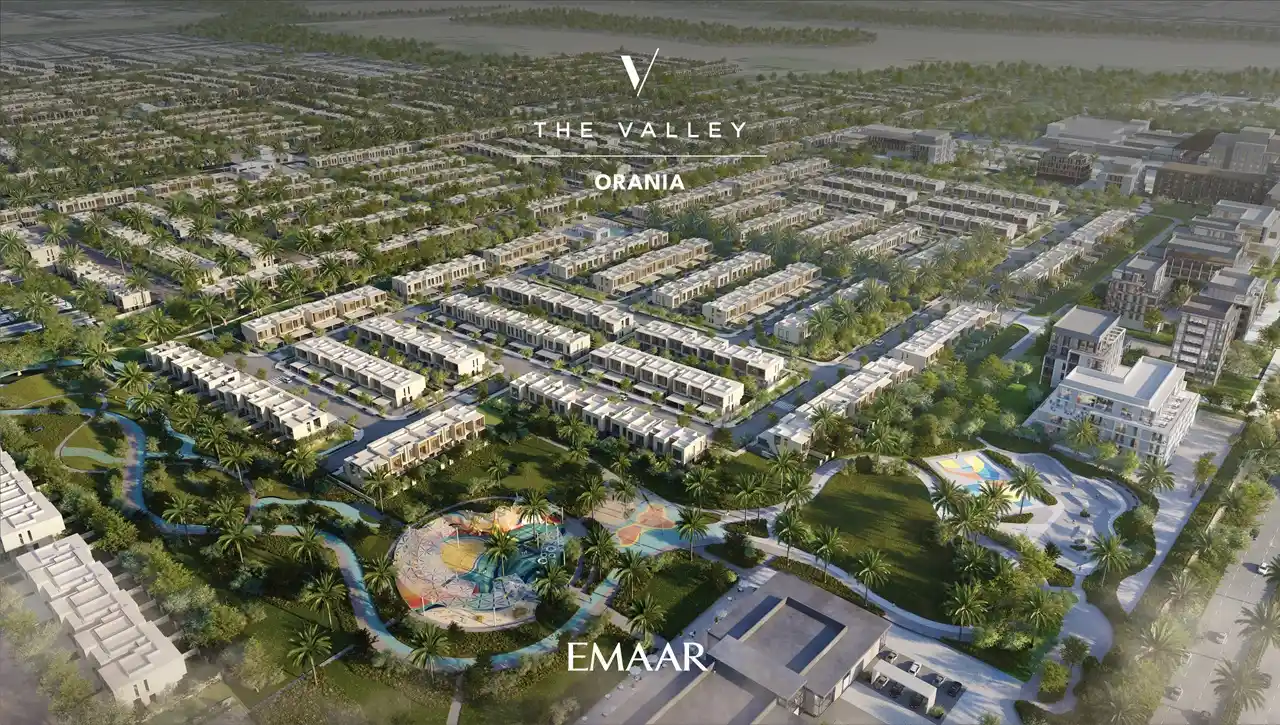 Orania at The Valley by Emaar aerial view of townhouse community with parks and green spaces in Dubai - Presented by Tohid Fetrat