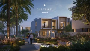 Orania at The Valley by Emaar evening landscaped walkway with modern townhouses and soft lighting in Dubai - Presented by Tohid Fetrat