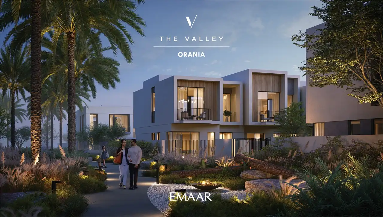 Orania at The Valley by Emaar evening landscaped walkway with modern townhouses and soft lighting in Dubai - Presented by Tohid Fetrat