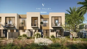 Orania at The Valley by Emaar modern townhouse facade with balconies large windows and landscaped foreground in Dubai - Presented by Tohid Fetrat