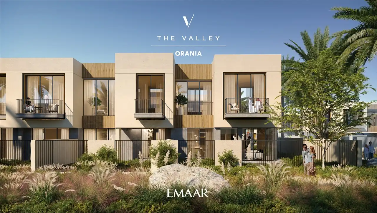 Orania at The Valley by Emaar modern townhouse facade with balconies large windows and landscaped foreground in Dubai - Presented by Tohid Fetrat