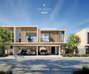 Orania at The Valley by Emaar townhouse front elevation with covered parking balconies and modern facade in Dubai - Presented by Tohid Fetrat