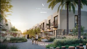 Orania at The Valley by Emaar landscaped walkway with modern townhouses and lush greenery in Dubai - Presented by Tohid Fetrat