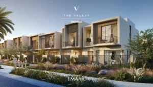 Orania at The Valley by Emaar row of modern townhouses with balconies and landscaped garden walkway in Dubai - Presented by Tohid Fetrat