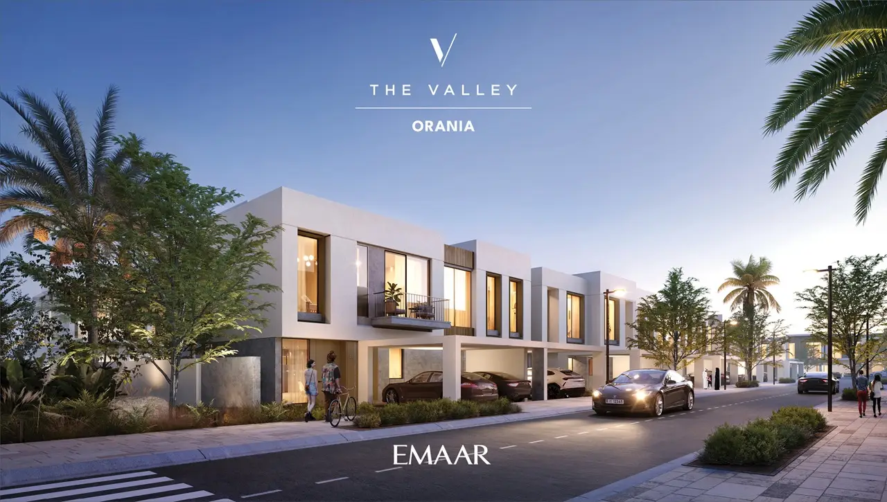 Orania at The Valley by Emaar townhouse street view with modern facades cars and landscaped sidewalks in Dubai - Presented by Tohid Fetrat