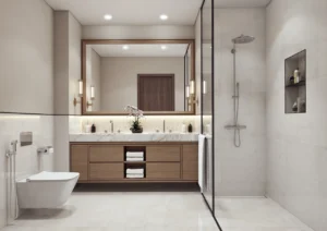 Palace Beach Residence at Emaar Beachfront by Emaar modern bathroom with marble vanity walk in shower and wooden cabinetry in Dubai - Presented by Tohid Fetrat