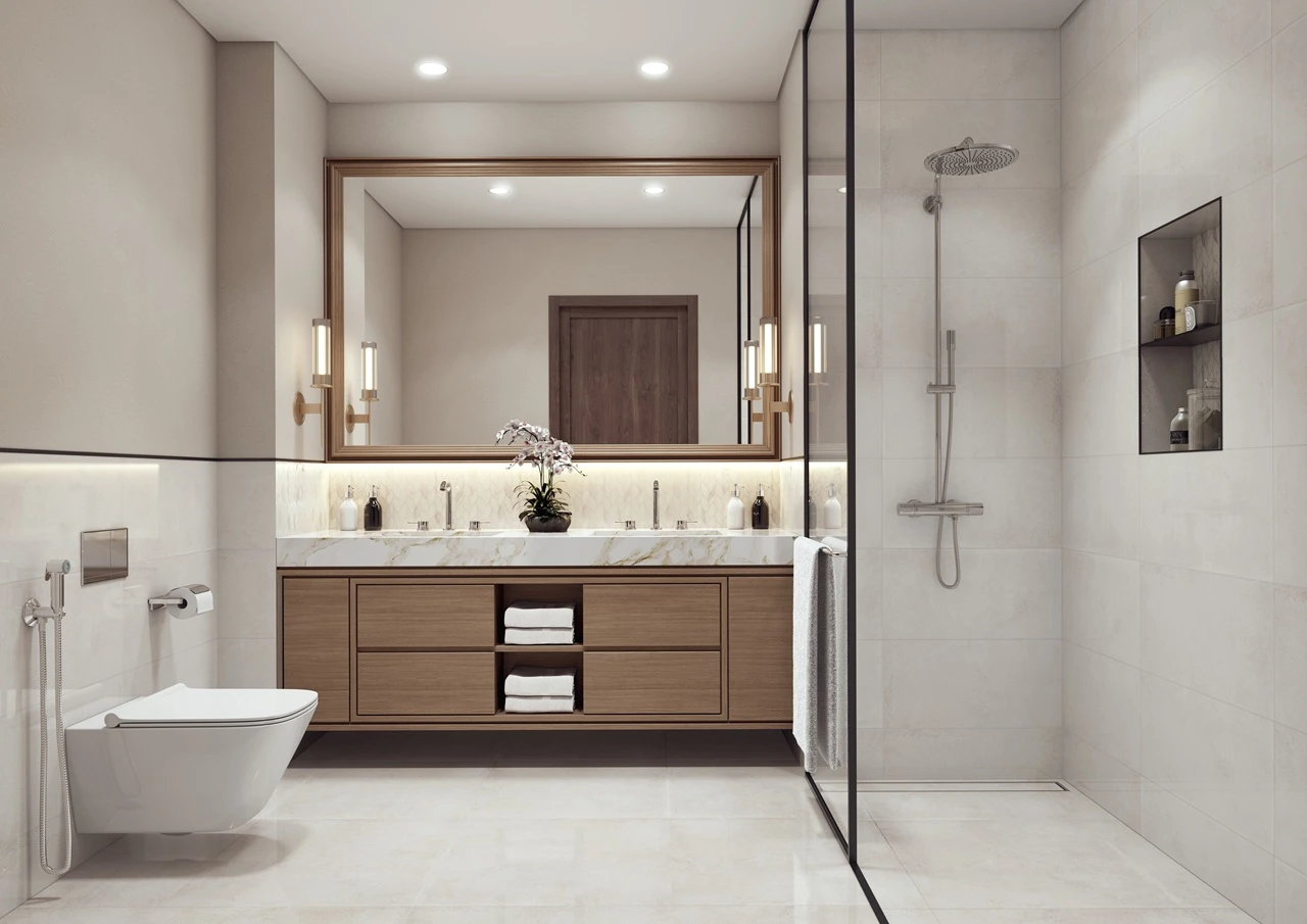 Palace Beach Residence at Emaar Beachfront by Emaar modern bathroom with marble vanity walk in shower and wooden cabinetry in Dubai - Presented by Tohid Fetrat
