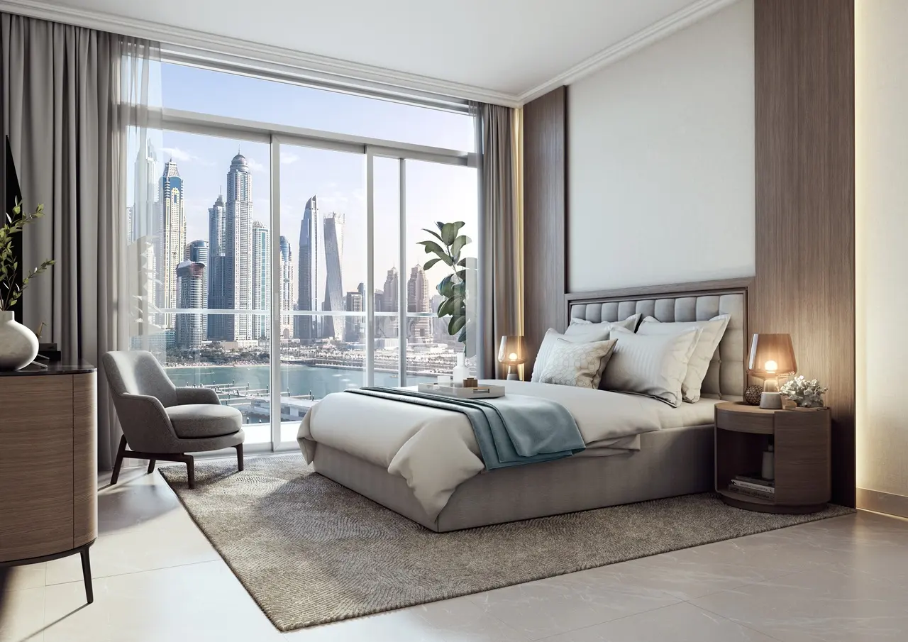 Palace Beach Residence at Emaar Beachfront by Emaar bedroom with floor to ceiling windows marina skyline view and modern furnishings in Dubai - Presented by Tohid Fetrat