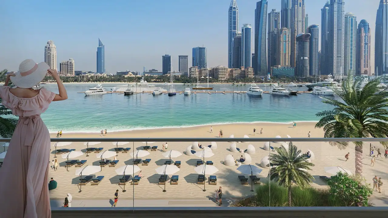 Palace Beach Residence at Emaar Beachfront by Emaar balcony view overlooking sandy beach marina yachts and skyline in Dubai - Presented by Tohid Fetrat