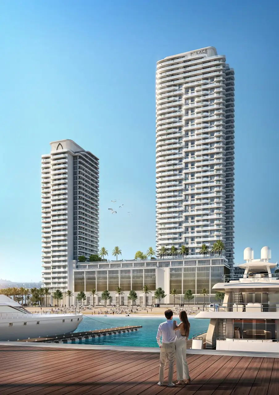 Palace Beach Residence at Emaar Beachfront by Emaar twin residential towers with marina waterfront yachts and skyline in Dubai - Presented by Tohid Fetrat