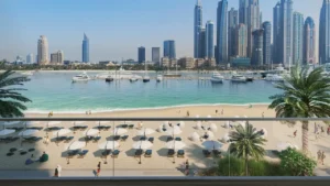 Palace Beach Residence at Emaar Beachfront by Emaar panoramic beachfront view with marina yachts sandy beach and skyline in Dubai - Presented by Tohid Fetrat