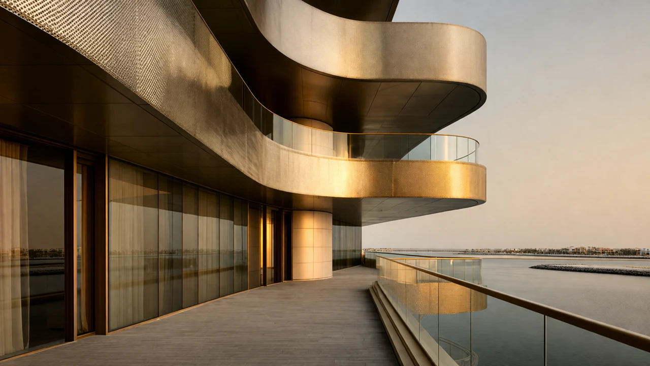 Palladium Development Dubai waterfront architecture with curved golden facade and balcony overlooking water Presented by Tohid Fetrat