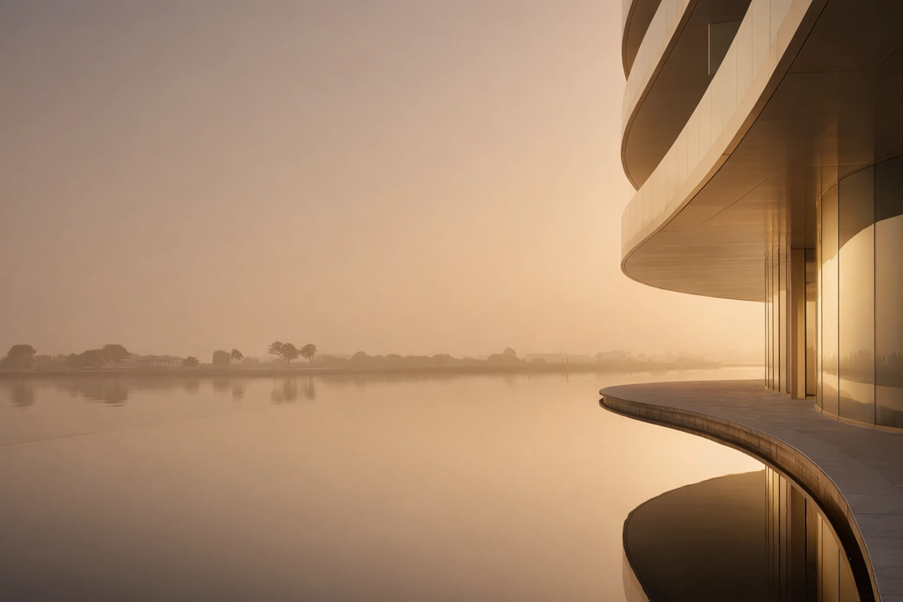 Palladium Development Dubai waterfront modern architecture with curved balcony and serene sunset water view Presented by Tohid Fetrat