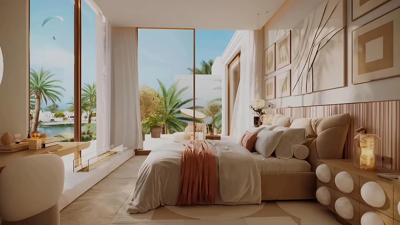 Palmiera at The Oasis by Emaar bedroom interior with floor to ceiling glass and lagoon view with palm trees in Dubai - Presented by Tohid Fetrat
