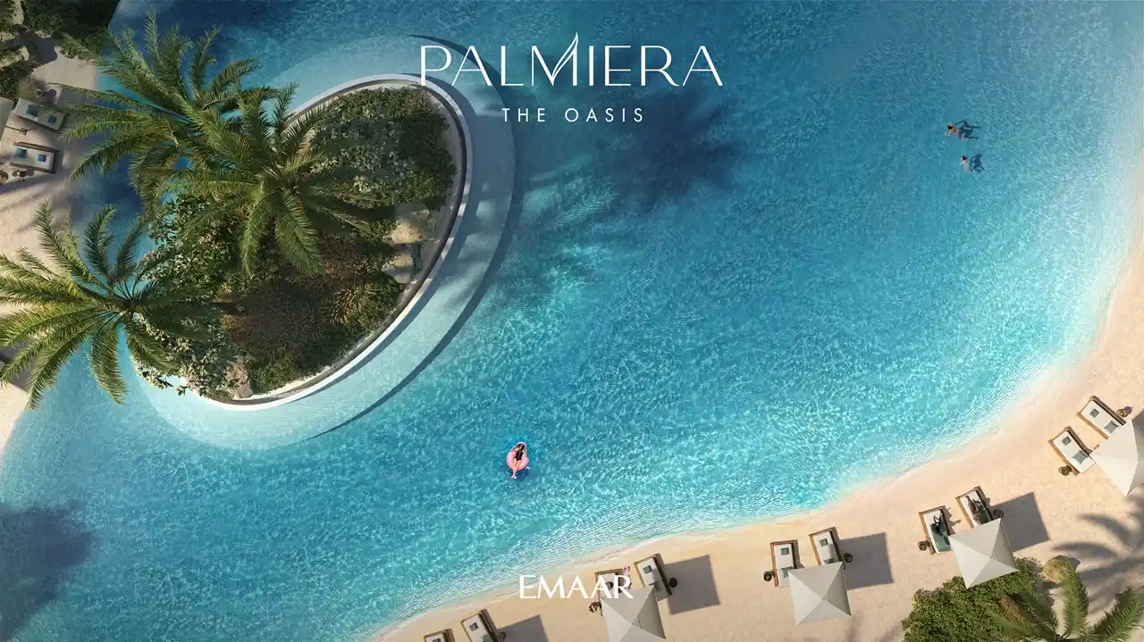 Palmiera at The Oasis by Emaar aerial view of lagoon with island palm trees and sandy beach in Dubai - Presented by Tohid Fetrat