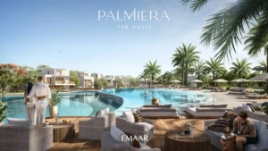 Palmiera at The Oasis by Emaar lagoon deck with lounge seating and modern villas surrounded by palm trees in Dubai - Presented by Tohid Fetrat