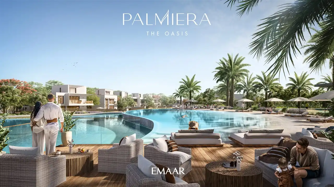 Palmiera at The Oasis by Emaar lagoon deck with lounge seating and modern villas surrounded by palm trees in Dubai - Presented by Tohid Fetrat