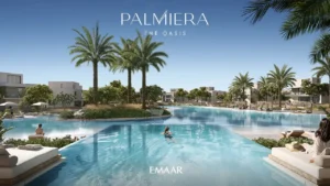 Palmiera at The Oasis by Emaar lagoon pool with palm trees and modern villas in Dubai - Presented by Tohid Fetrat