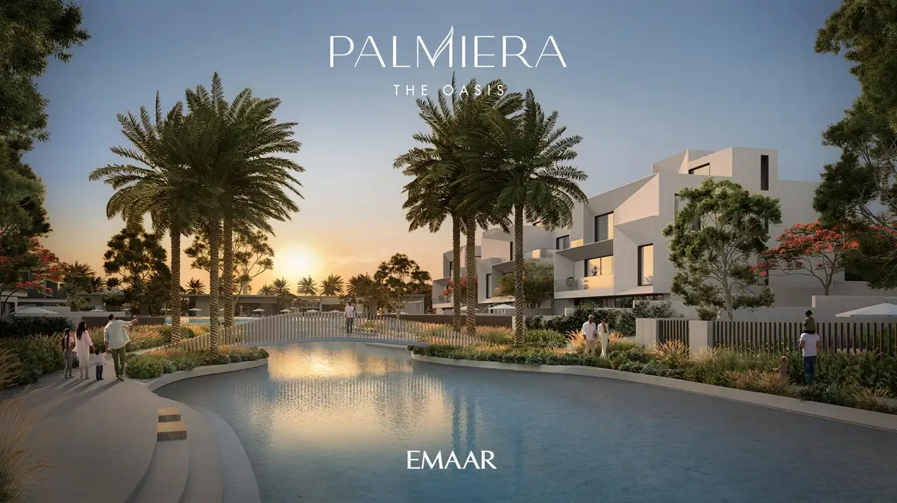 Palmiera at The Oasis by Emaar lagoon with modern villas and palm trees at sunset in Dubai - Presented by Tohid Fetrat