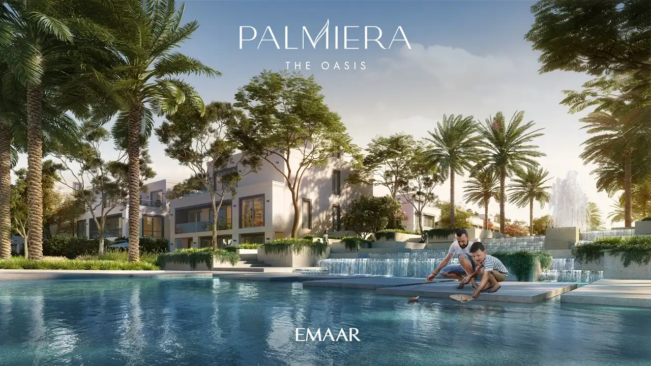 Palmiera at The Oasis by Emaar lagoon with cascading waterfall features and modern villas surrounded by palm trees in Dubai - Presented by Tohid Fetrat