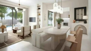 Palmiera at The Oasis by Emaar open plan living and dining area with modern interior and garden terrace access in Dubai - Presented by Tohid Fetrat