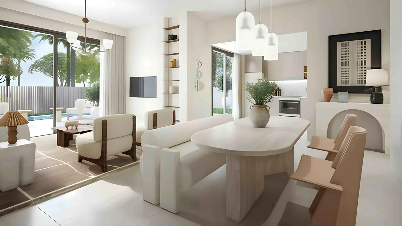 Palmiera at The Oasis by Emaar open plan living and dining area with modern interior and garden terrace access in Dubai - Presented by Tohid Fetrat