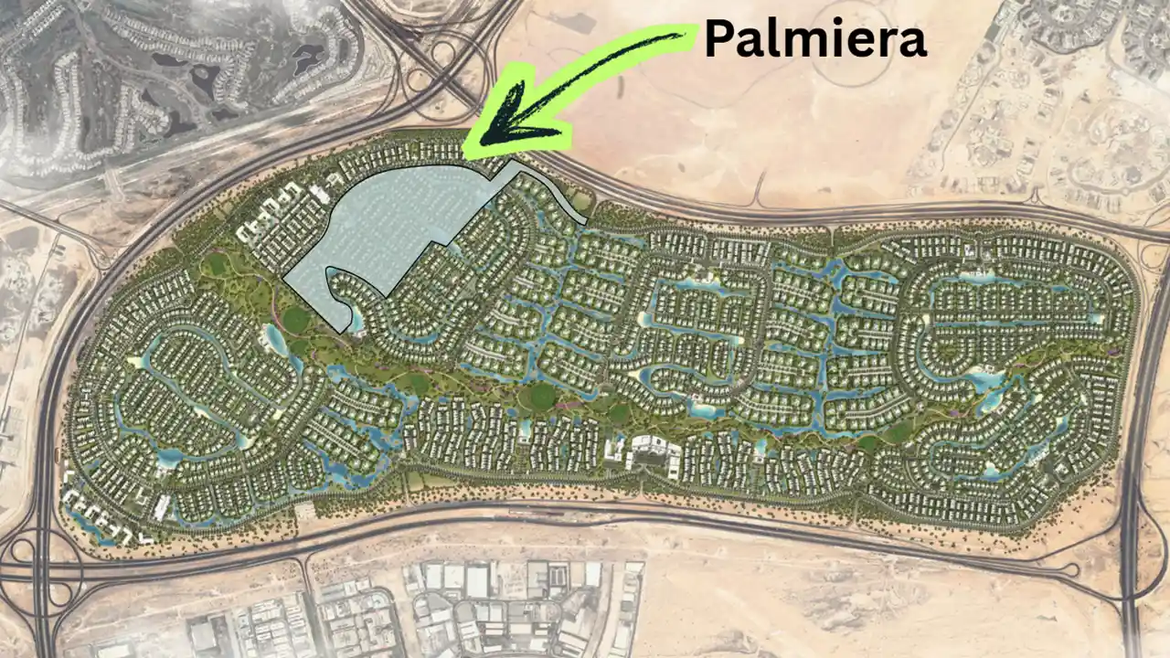 Palmiera at The Oasis by Emaar location within The Oasis master plan showing lagoon and surrounding villa communities in Dubai - Presented by Tohid Fetrat
