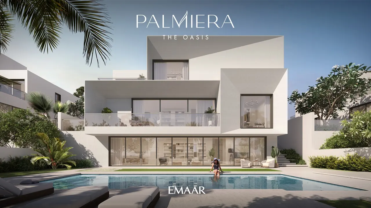 Palmiera at The Oasis by Emaar luxury villa with private pool large glass facade and outdoor seating in Dubai - Presented by Tohid Fetrat
