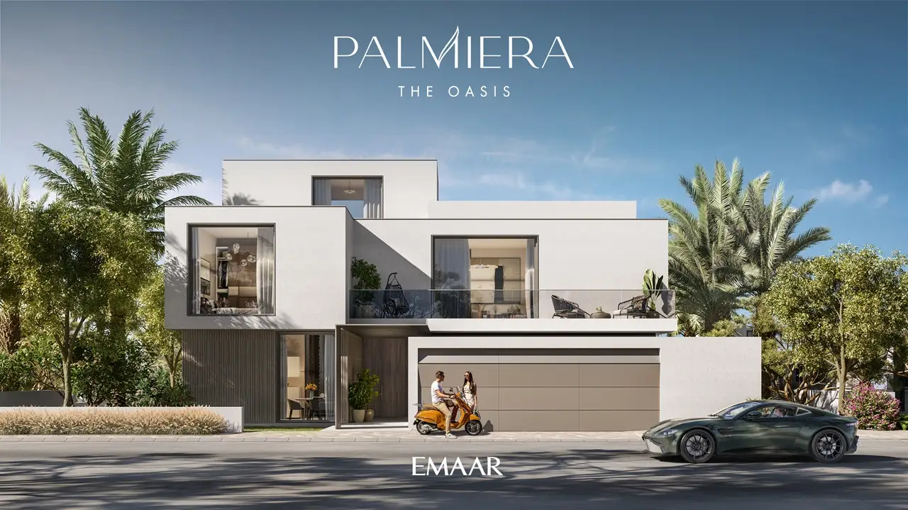 Palmiera at The Oasis by Emaar modern villa facade with balcony garage and landscaped surroundings in Dubai - Presented by Tohid Fetrat