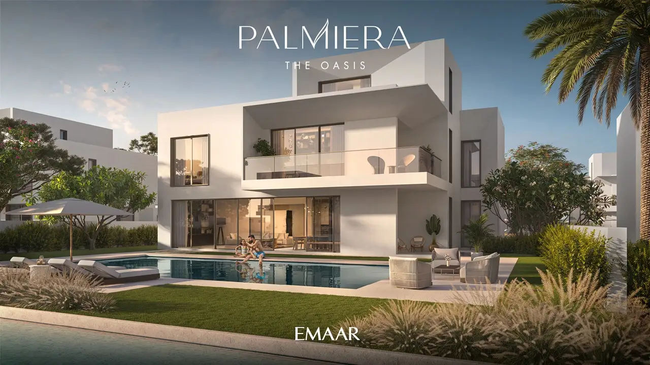 Palmiera at The Oasis by Emaar modern villa exterior with private pool garden and outdoor seating in Dubai - Presented by Tohid Fetrat