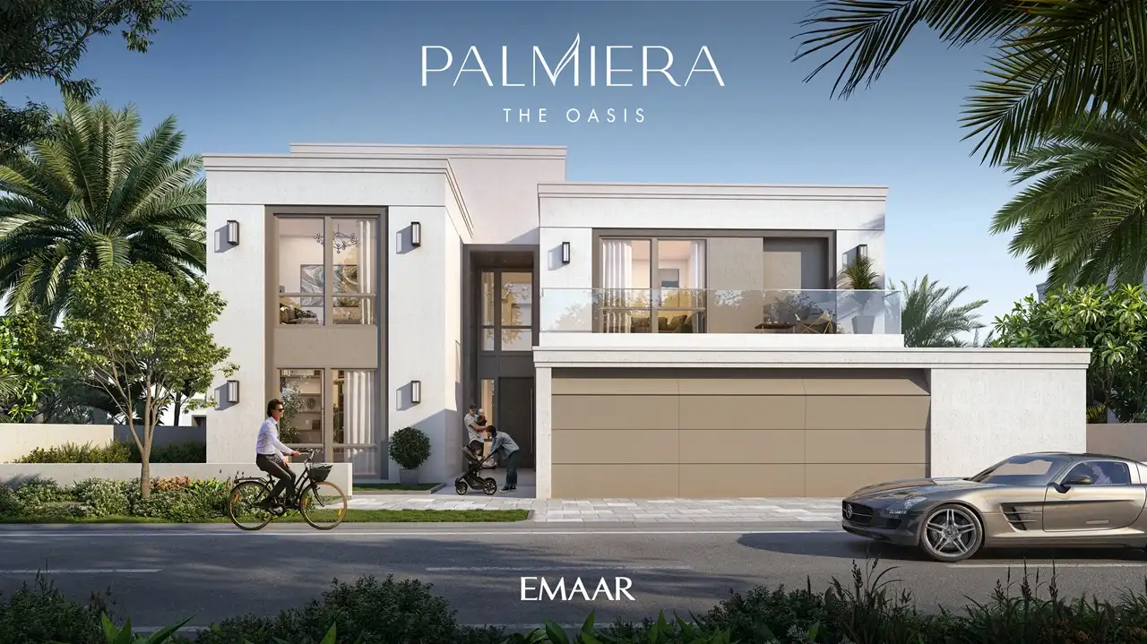 Palmiera at The Oasis by Emaar modern villa facade with garage balcony and landscaped surroundings in Dubai - Presented by Tohid Fetrat