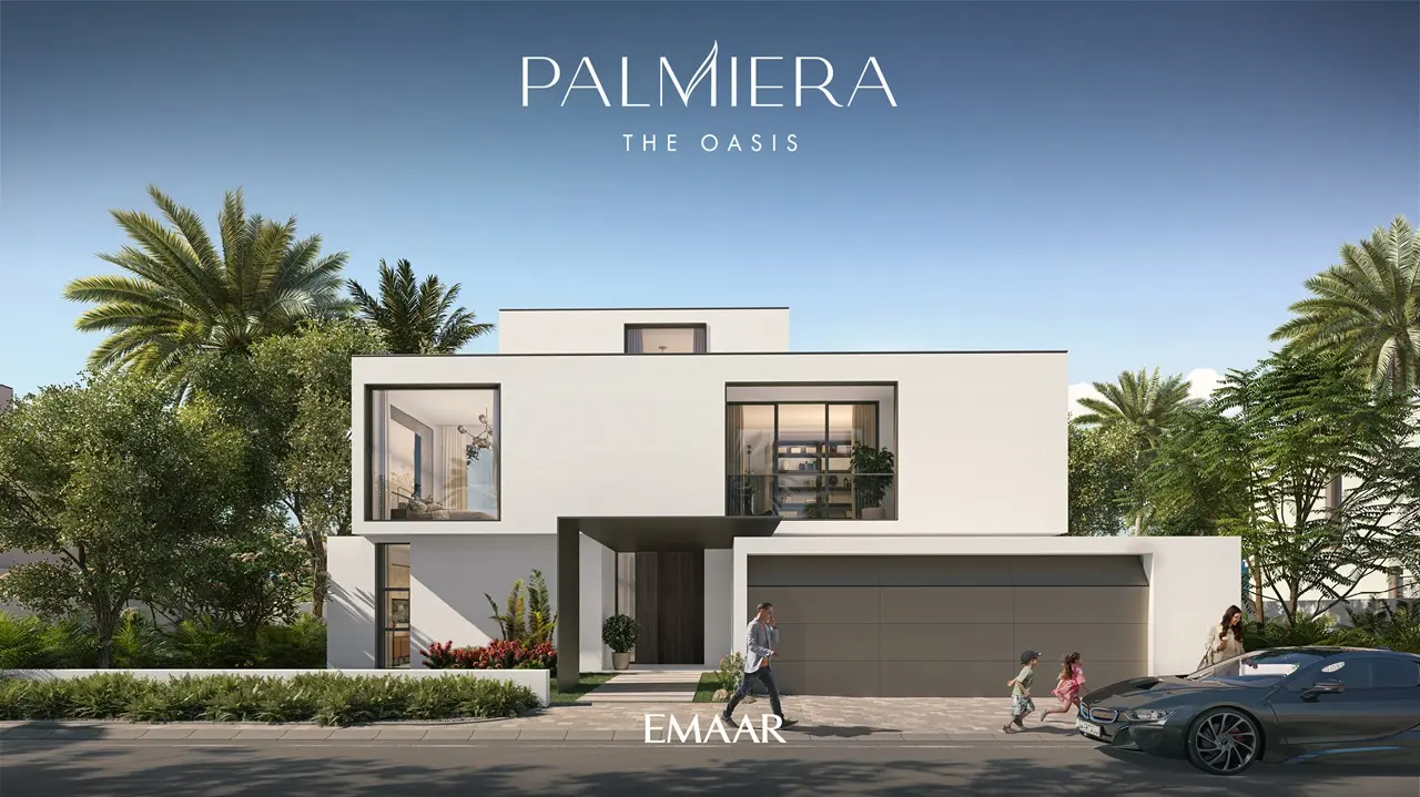 Palmiera at The Oasis by Emaar modern villa facade with large windows garage and landscaped greenery in Dubai - Presented by Tohid Fetrat