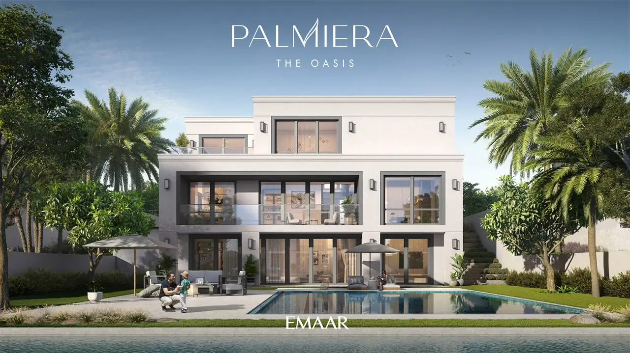 Palmiera at The Oasis by Emaar villa backyard with private pool outdoor seating and large glass facade in Dubai - Presented by Tohid Fetrat