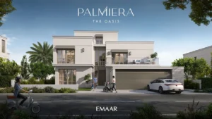 Palmiera at The Oasis by Emaar modern villa street view with garage driveway and landscaped surroundings in Dubai - Presented by Tohid Fetrat